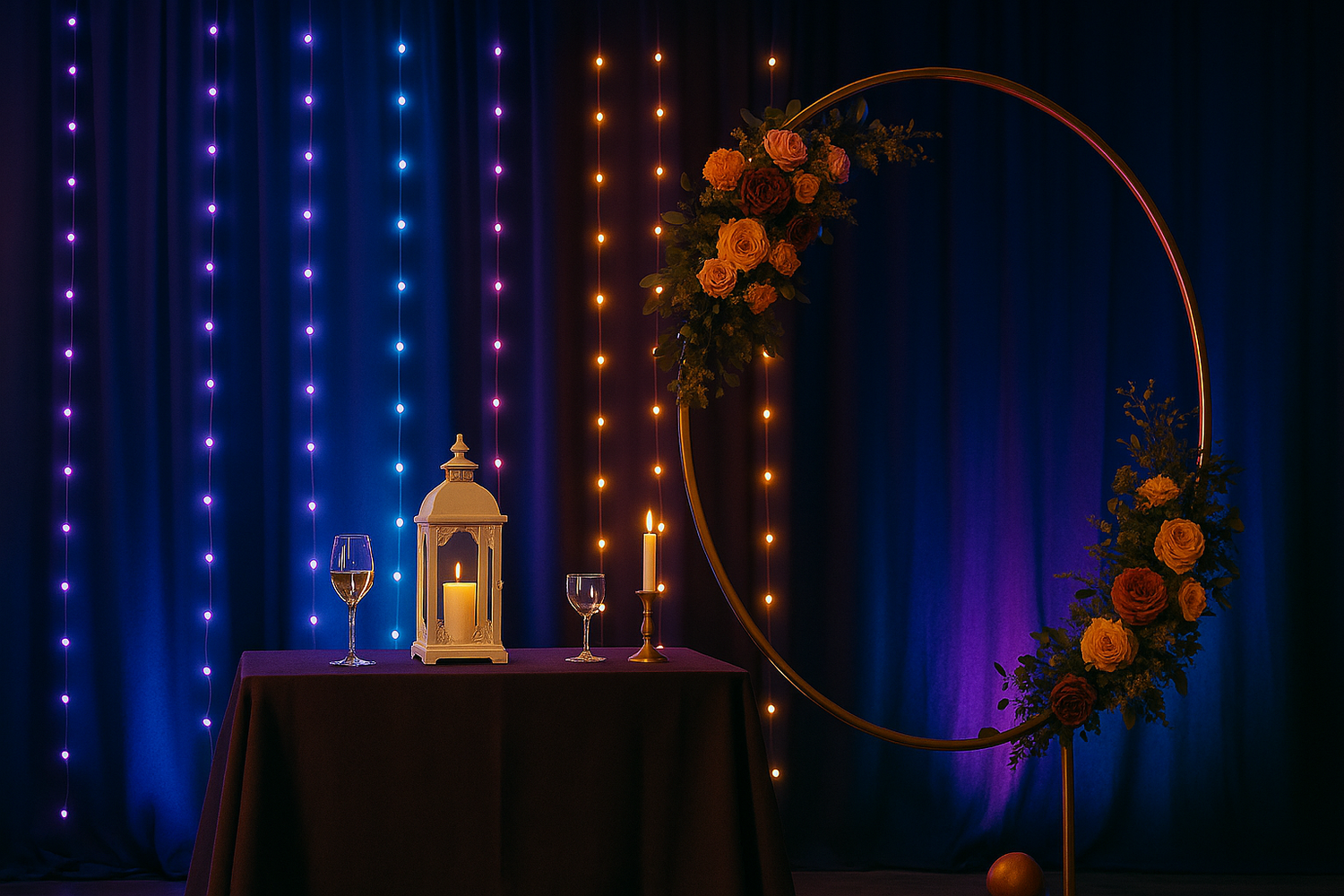 Elegant LED string lights and shimmering backdrops creating a glowing party atmosphere, perfect for weddings, birthdays, and event decorations.