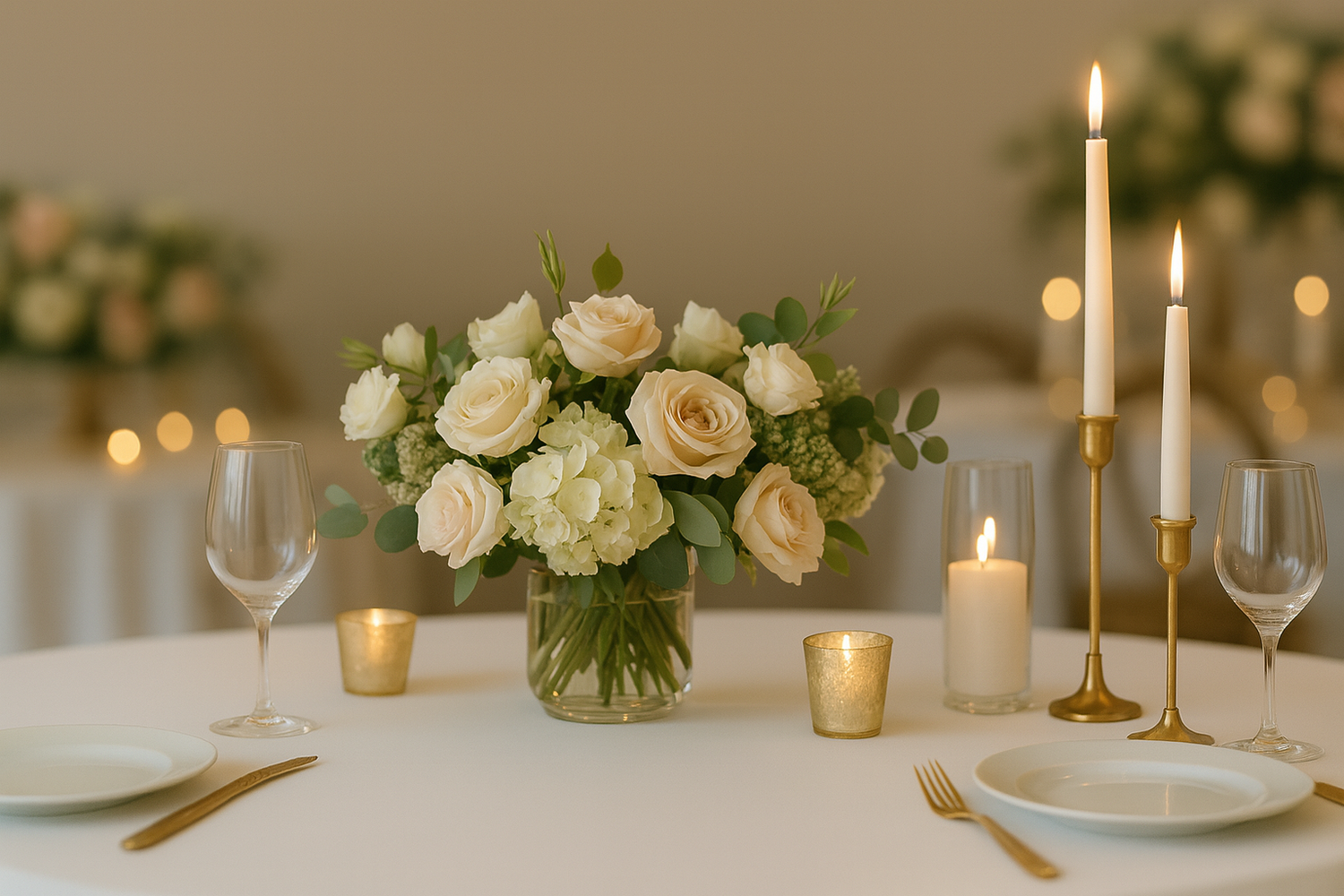 "Elegant wedding and party table centerpiece with floral arrangements, candles, and crystal décor, perfect for stylish celebrations and events."