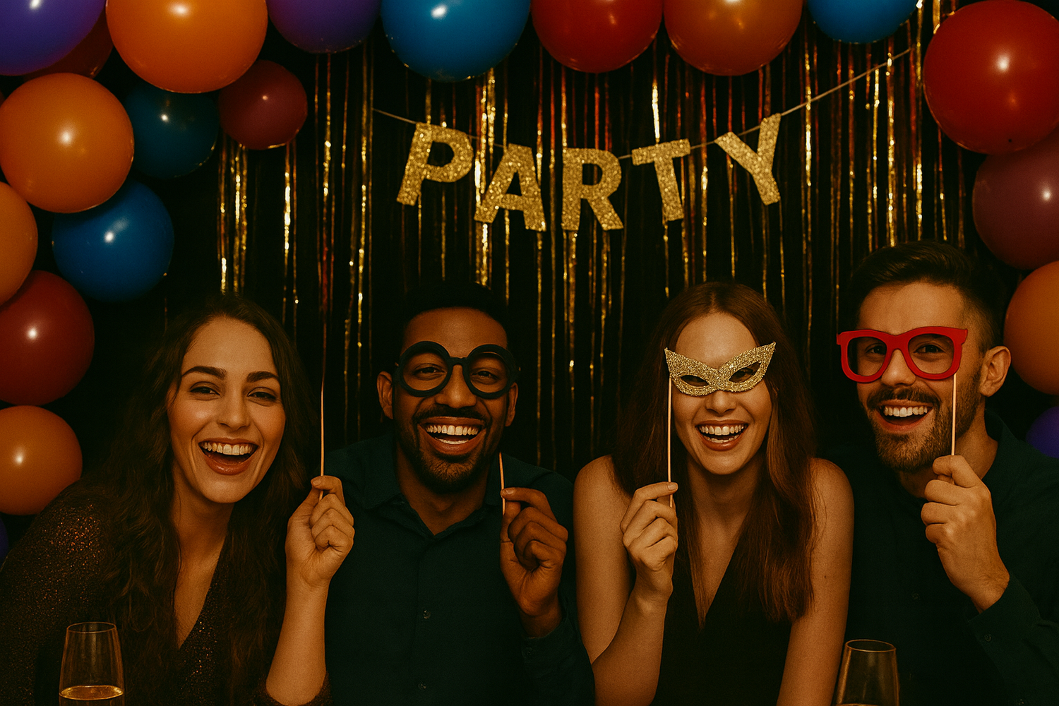 "Colorful photo booth props and festive party banners with balloons, masks, and fun accessories, perfect for birthdays, weddings, and holiday events."