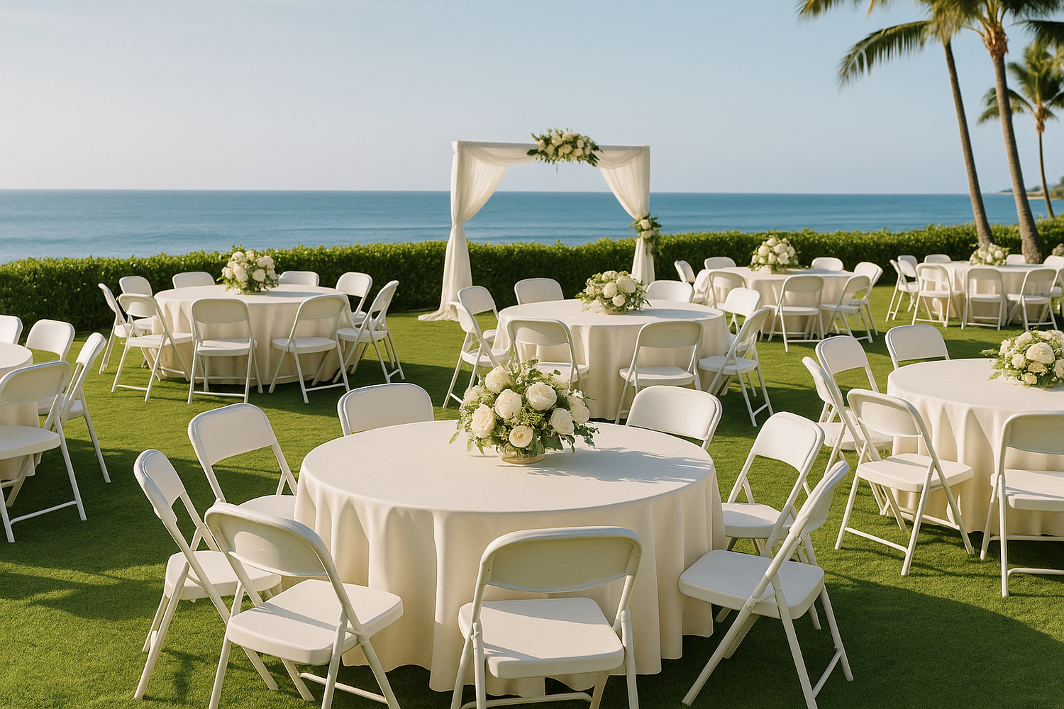 Outdoor wedding setup in California with folding tables and chairs for guests.