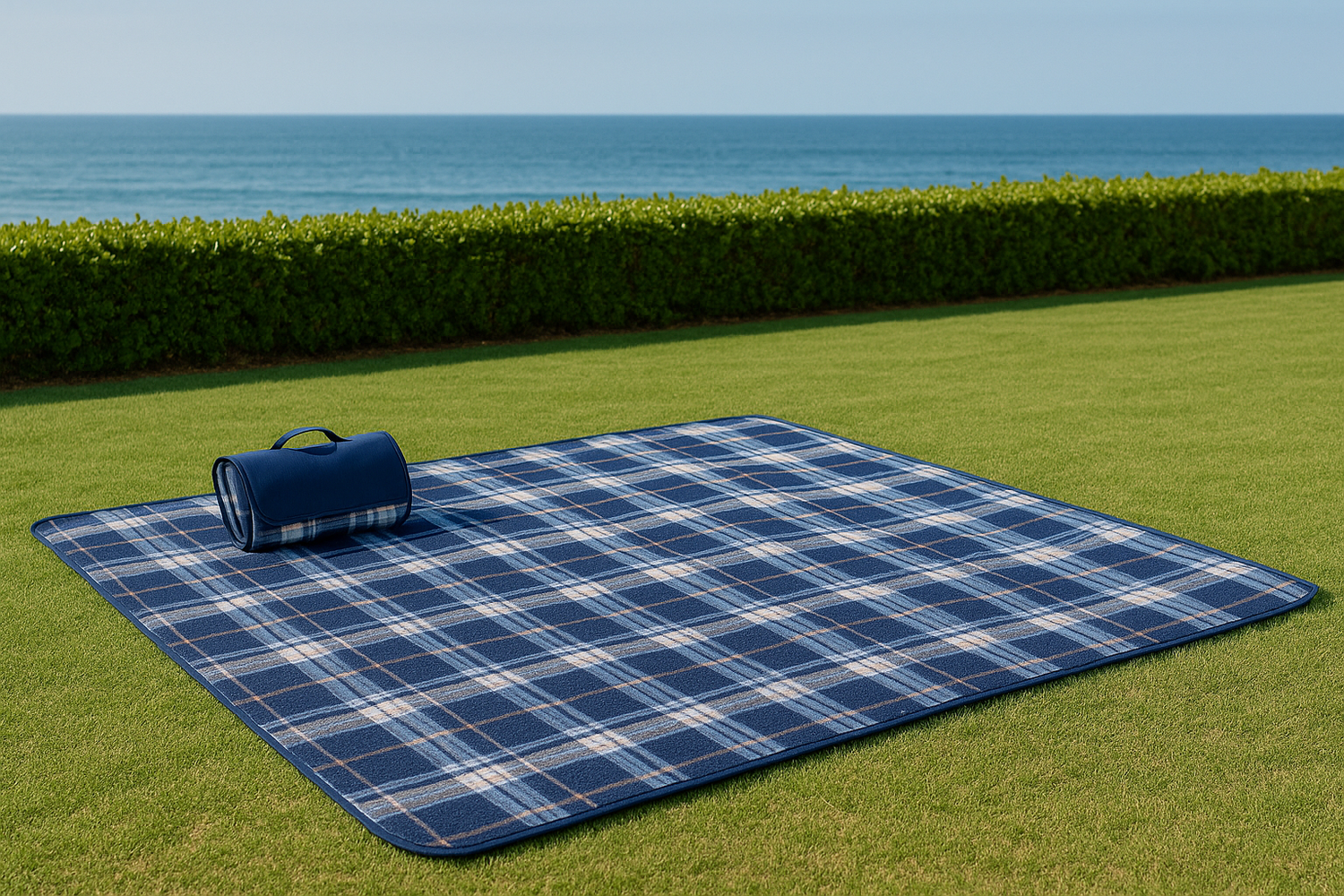 Colorful picnic mat with blankets spread out on grass for outdoor gathering.