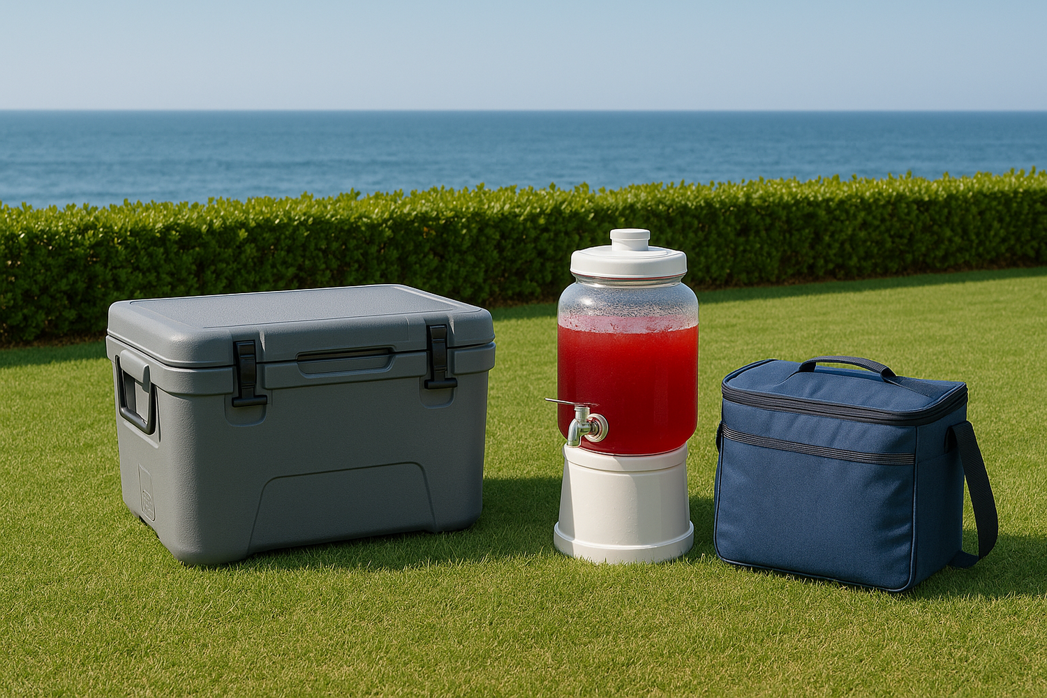 Outdoor party cooler and beverage dispensers keeping drinks cold at a California BBQ.