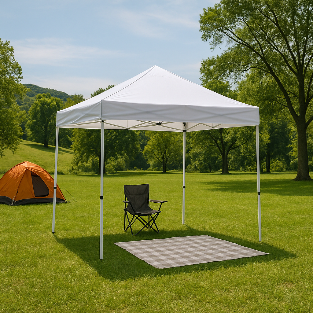 Large canopy tent providing shade for guests at a California outdoor wedding.
