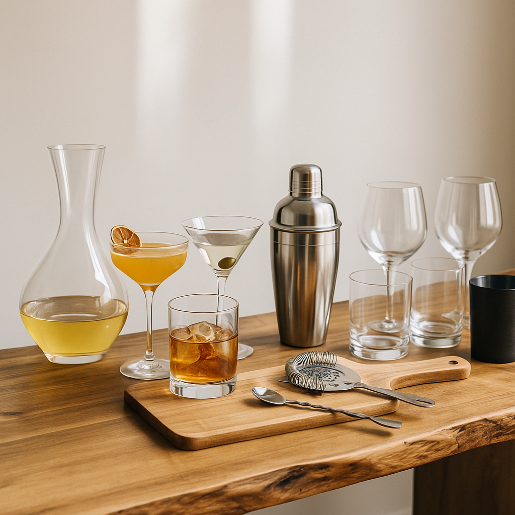 Elegant bar setup with drinkware, cocktail glasses, and accessories for parties.