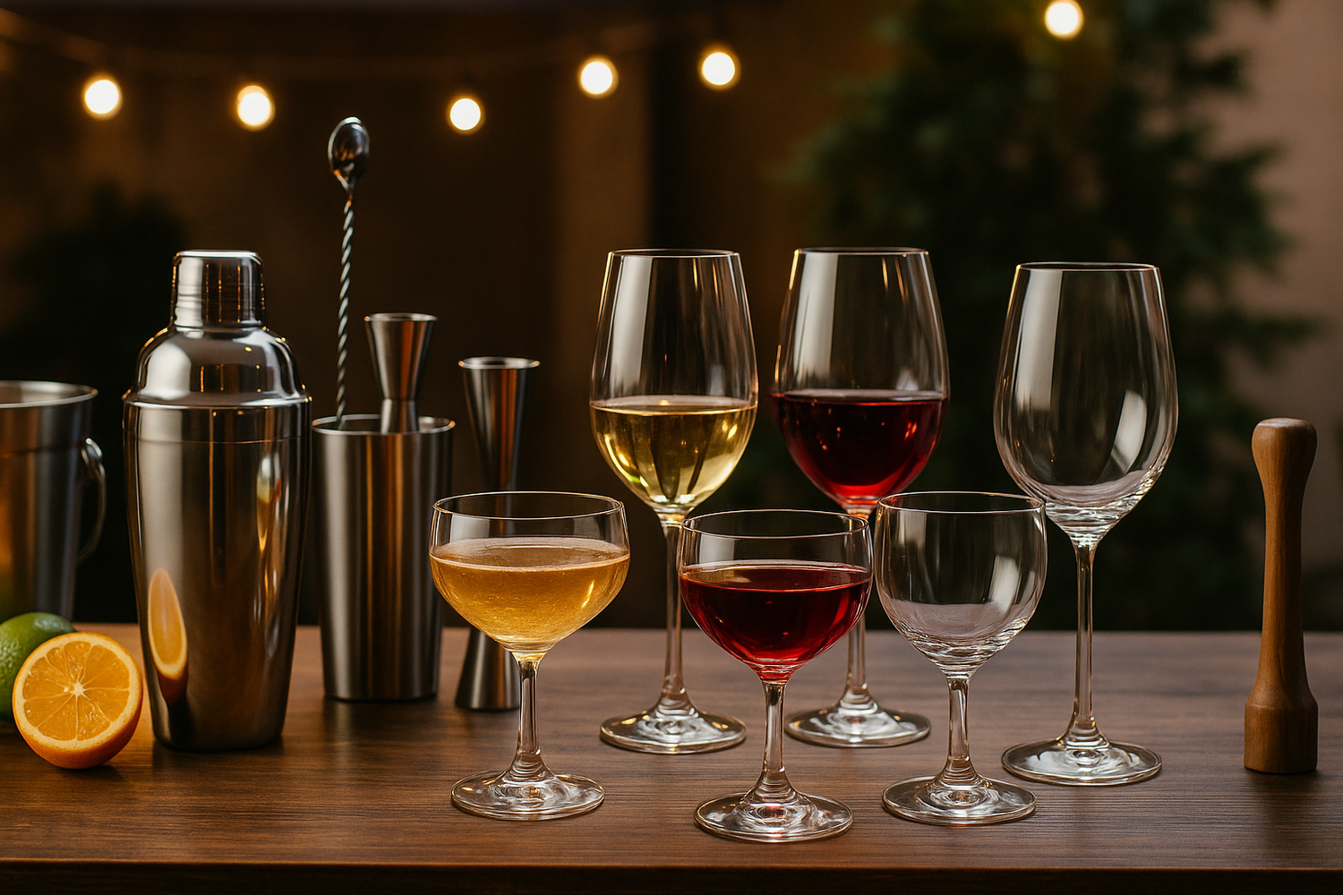 Elegant bar setup with drinkware, cocktail glasses, and accessories for parties.