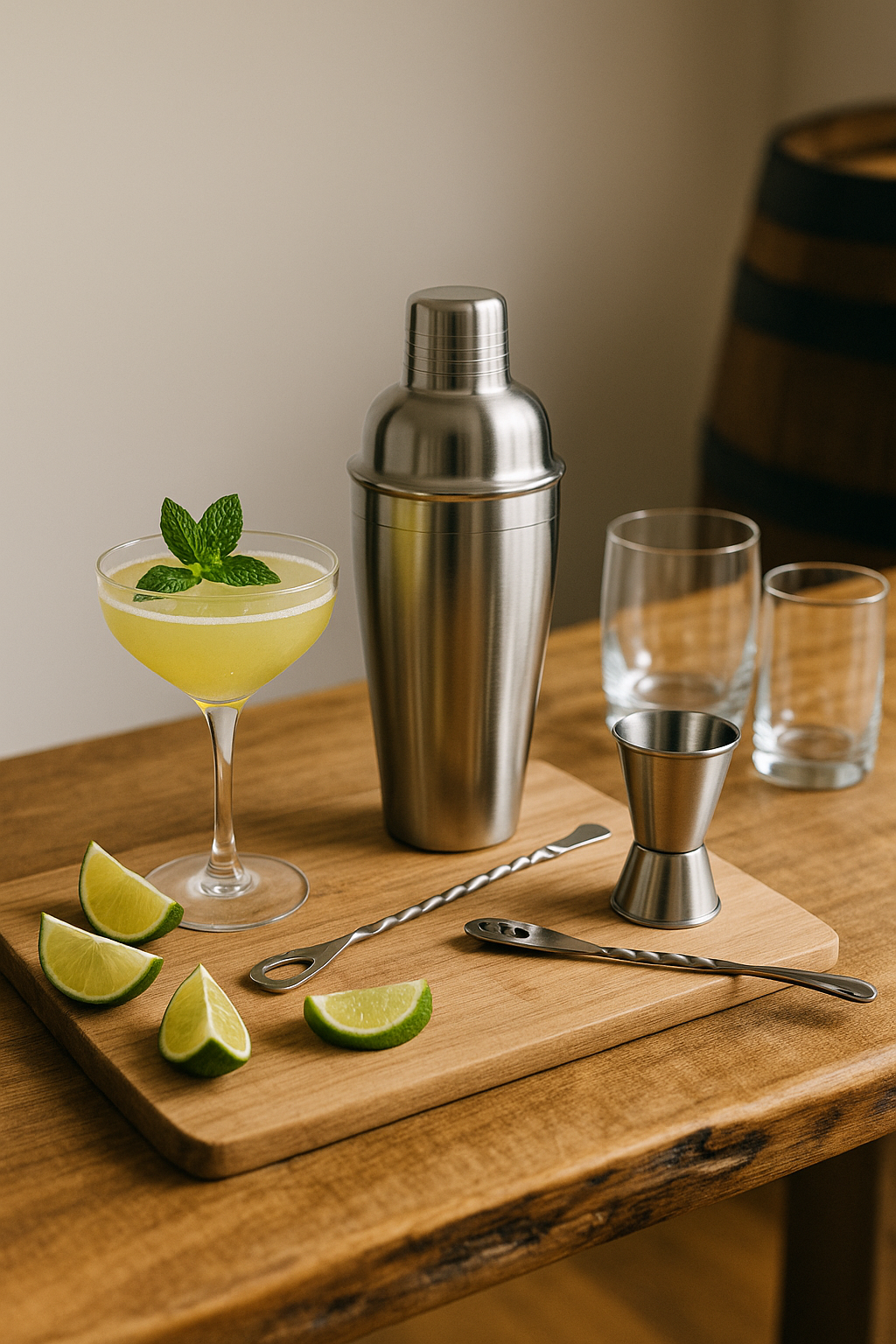 Stainless steel cocktail shaker and bar kit on a wooden bar counter.