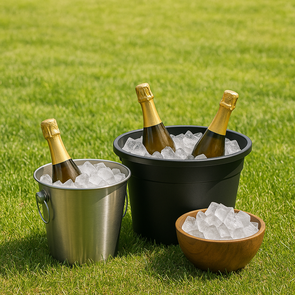 Stylish ice bucket with champagne bottles and party cooler on a sunny lawn.