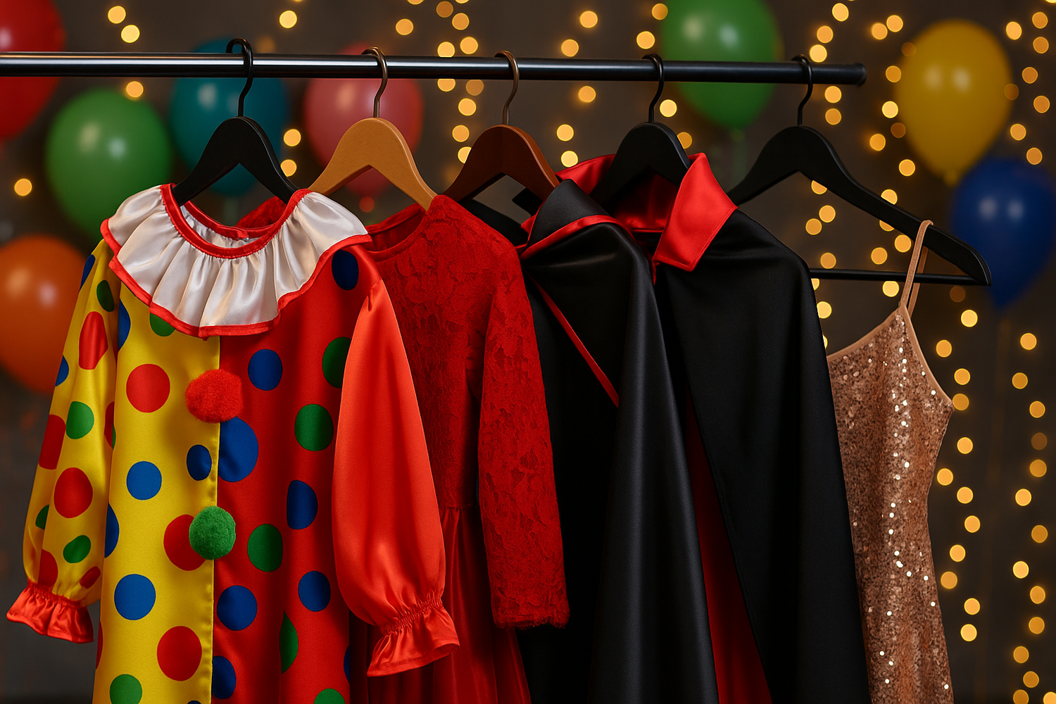 Colorful party costumes and elegant outfits displayed for a festive event.