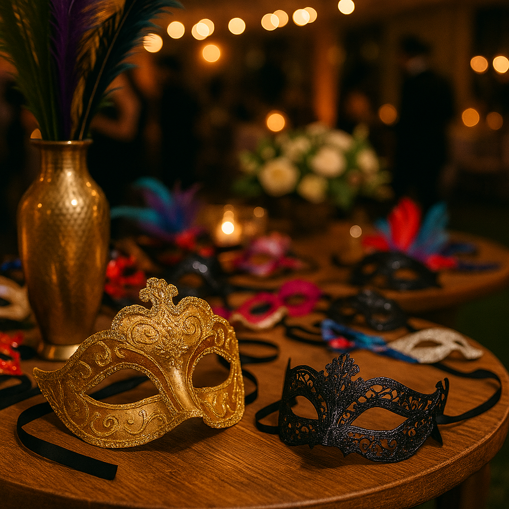 Elegant masquerade masks displayed on a party table with festive décor.