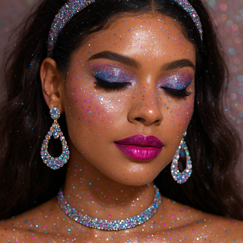 Glitter makeup palettes and sparkling accessories arranged on a vanity.