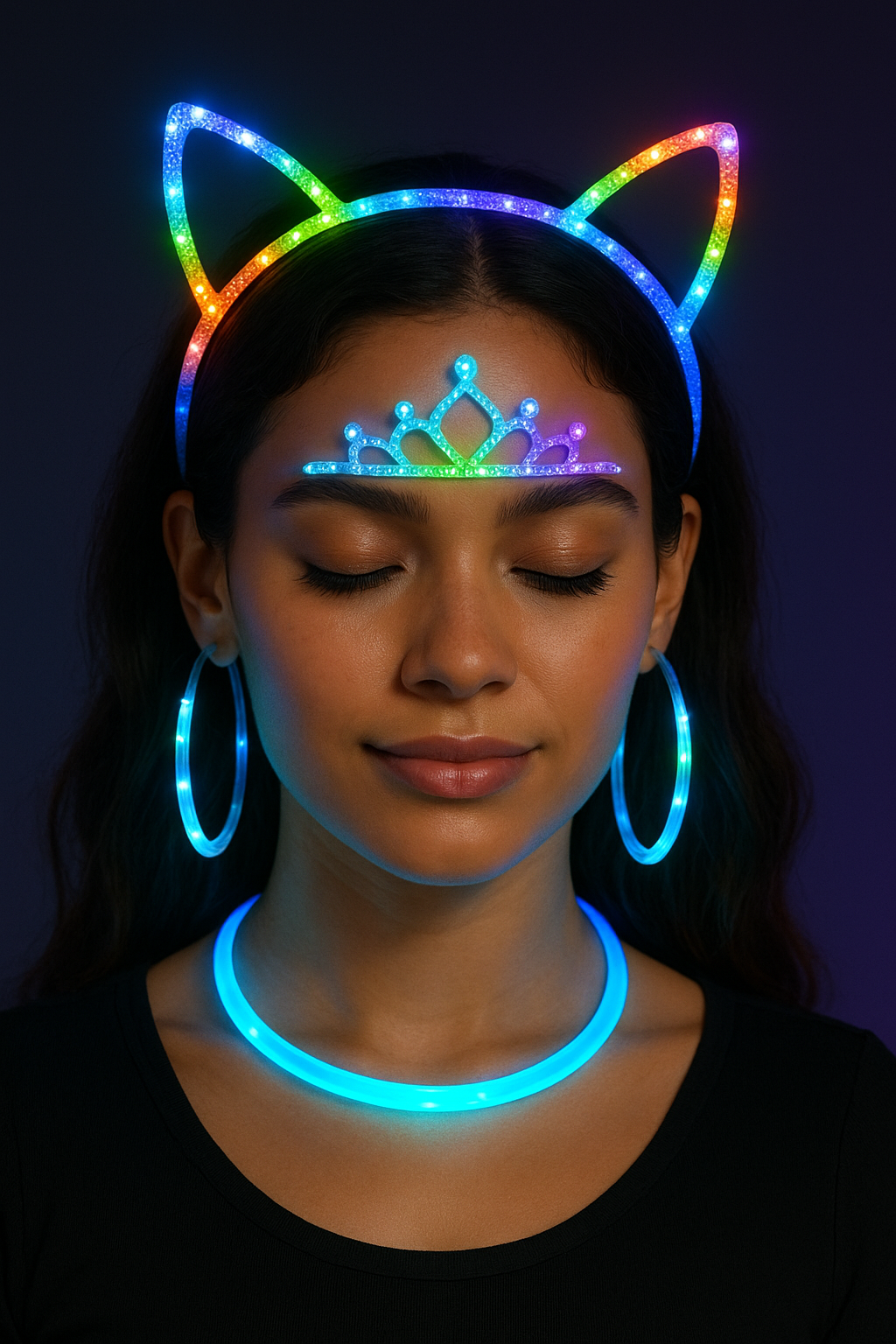 Glowing LED headbands and tiaras arranged for a night festival.