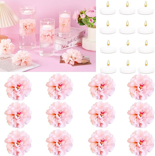 24 Pcs Floating Candles for Centerpieces and Floating Flowers for Centerpieces Pink Artificial Flowers Vase Fillers for We...