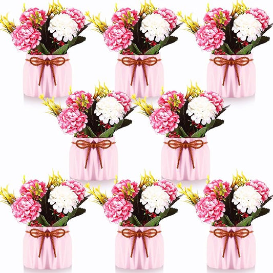 Zeyune 8 Pieces Pink Flowers in Ceramic Vase Women Pink Office Decoration Table Flowers Centerpieces Small Fake Hydrangeas...