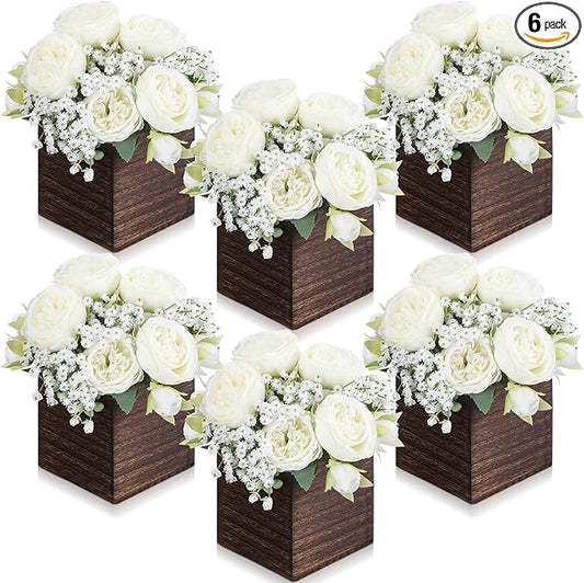 Suncalla 6 Sets Artificial Peonies Flowers with Wooden Cube Planter Box for Wedding Centerpieces 4 x 4" Square Wood Vase f...